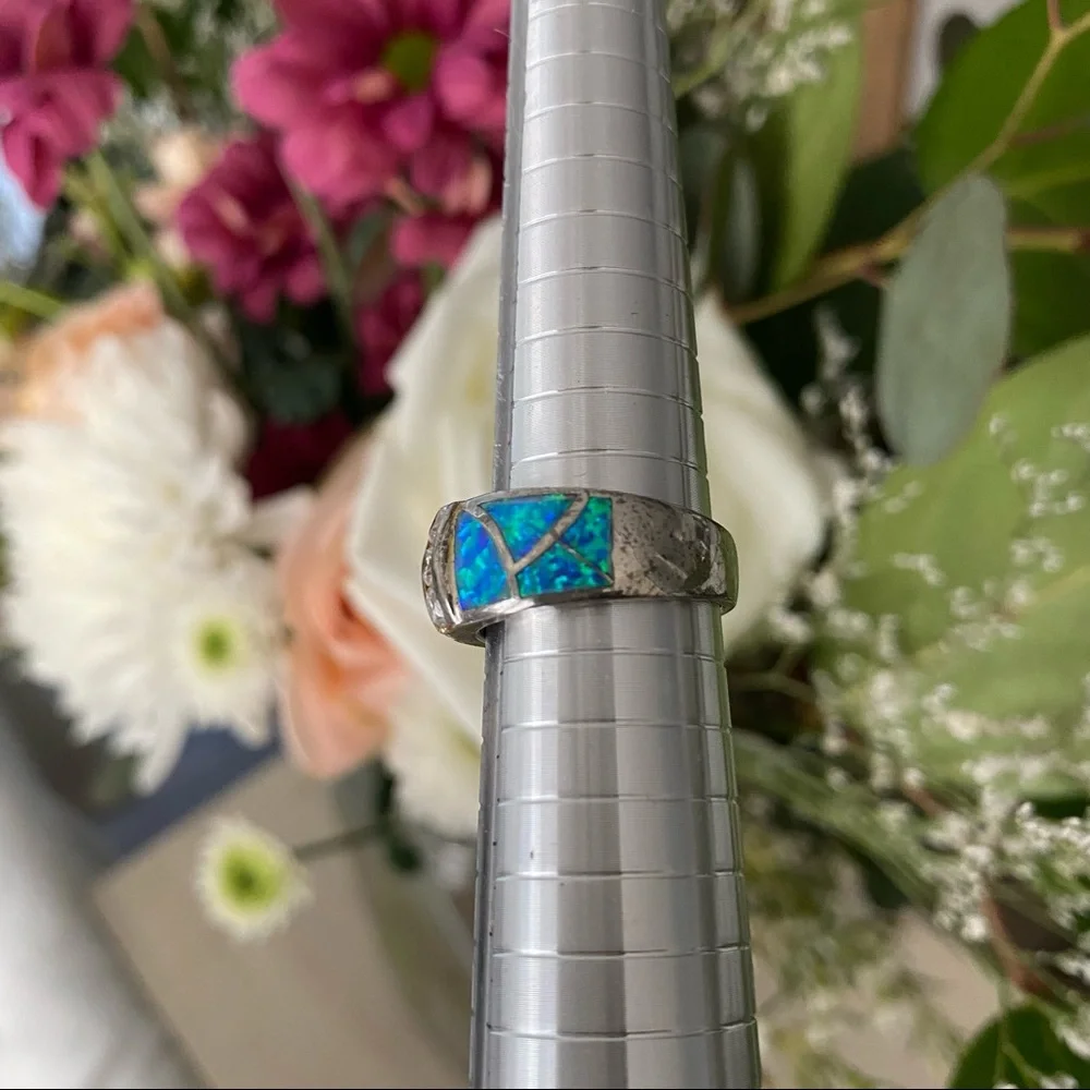 Vintage 925 Sterling Silver Blue Fire Opal Ring - Picture 7 of 12